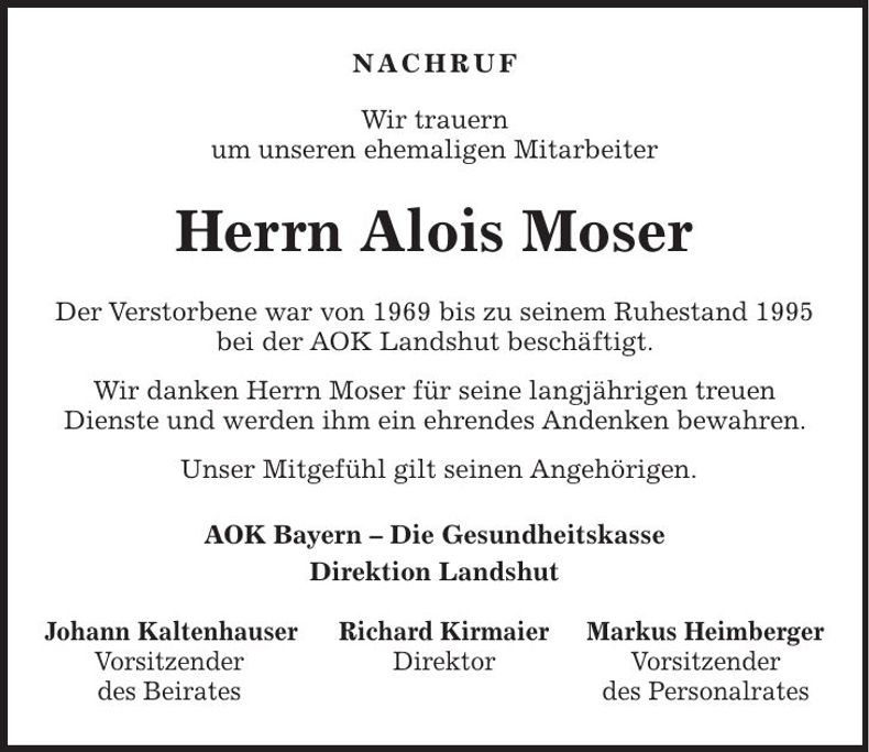 Traueranzeige Alois Moser