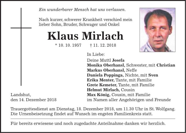 Traueranzeige Klaus Mirlach
