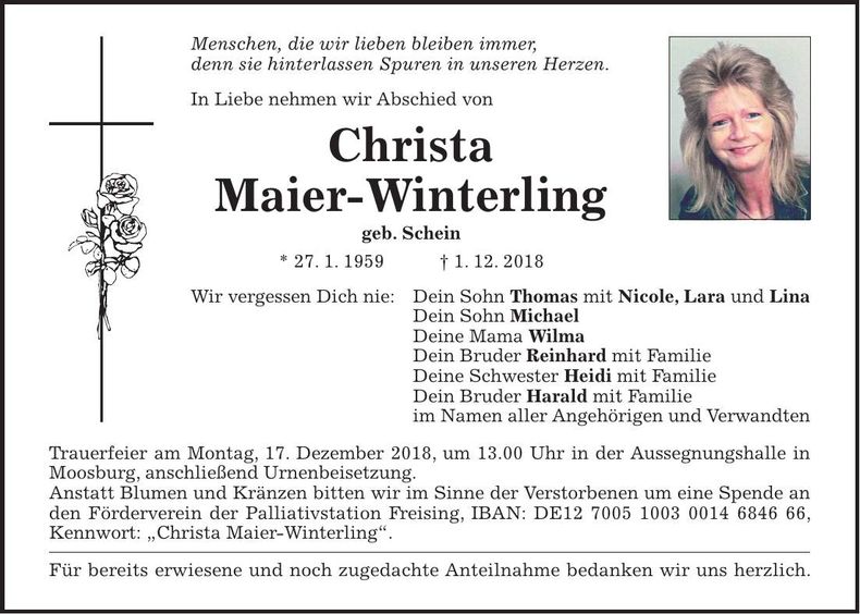 Traueranzeige Christa Maier-Winterling