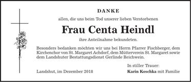 Traueranzeige Centa Heindl