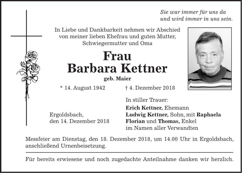 Traueranzeige Barbara Kettner