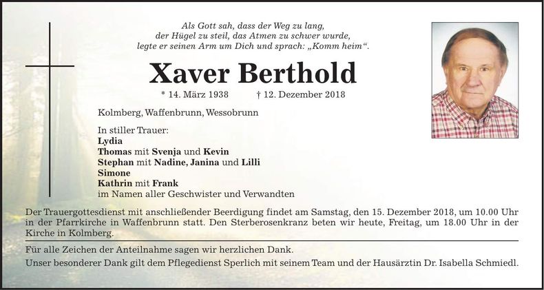 Traueranzeige Xaver Berthold