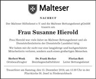 Traueranzeige Susanne Hierold