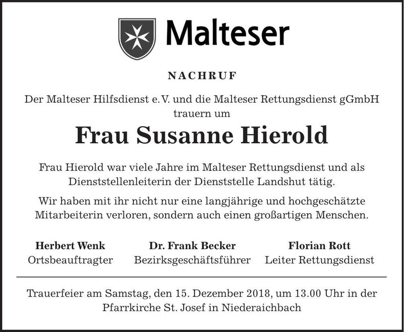 Traueranzeige Susanne Hierold