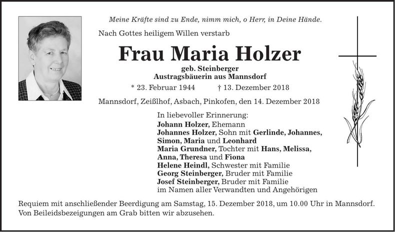 Traueranzeige Maria Holzer