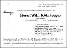 Traueranzeige Willi Kölnberger