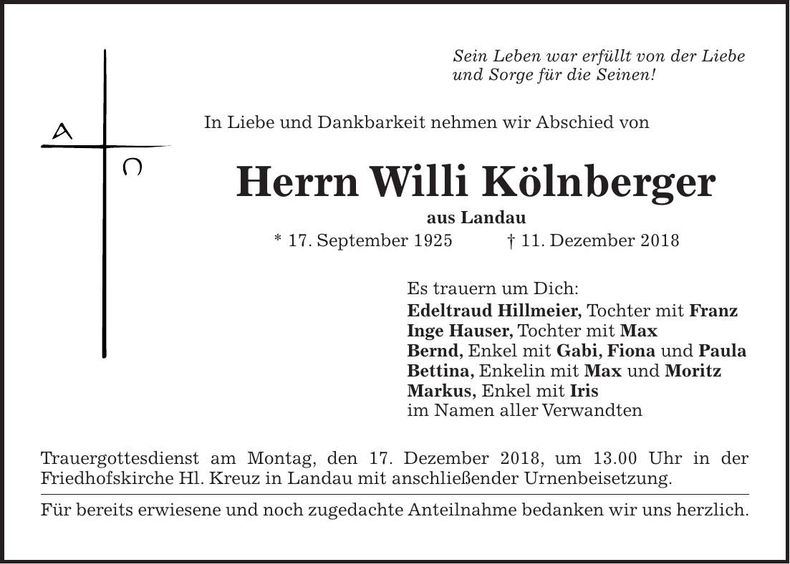 Traueranzeige Willi Kölnberger