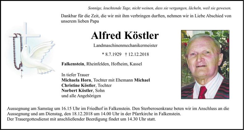 Traueranzeige Alfred Köstler