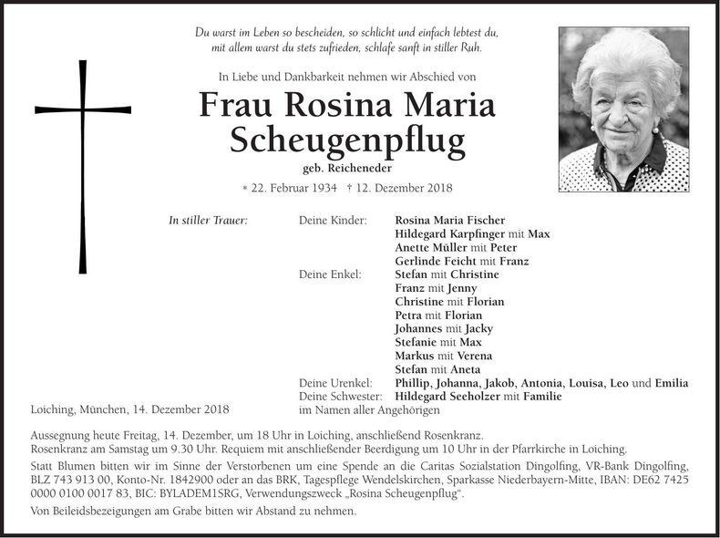 Traueranzeige Rosina Maria Scheugenpflug