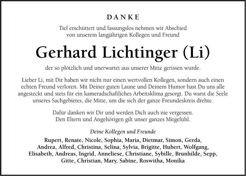 Traueranzeige Gerhard Lichtinger