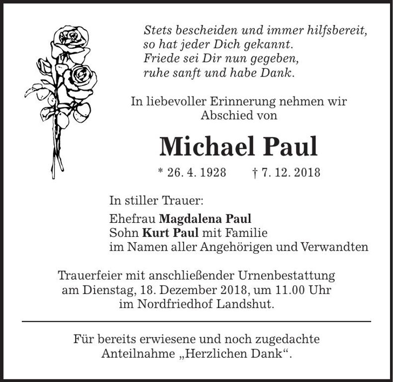 Traueranzeige Michael Paul