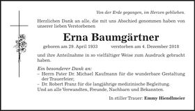 Traueranzeige Erna Baumgärtner