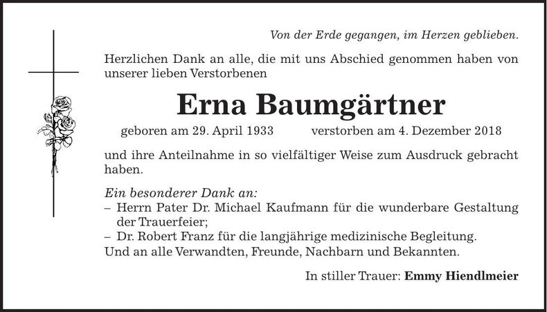 Traueranzeige Erna Baumgärtner