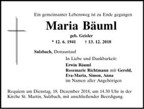 Traueranzeige Maria Bäuml