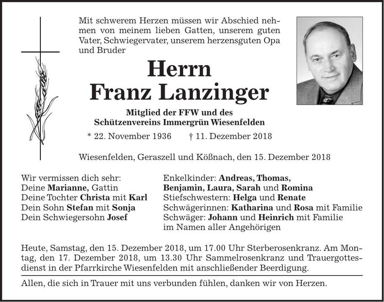 Traueranzeige Franz Lanzinger