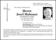 Traueranzeige Josef Hubauer