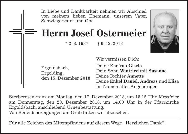 Traueranzeige Josef Ostermeier