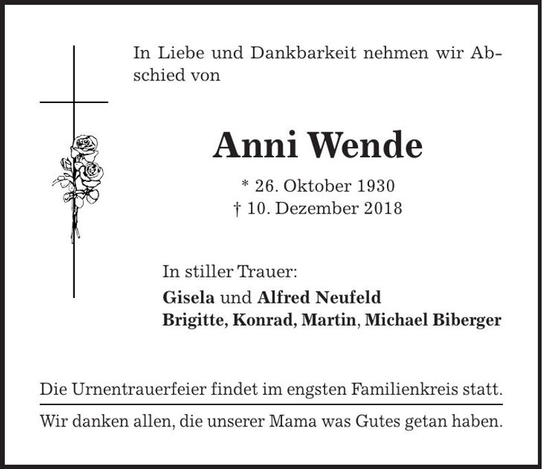 Traueranzeige Anni Wende