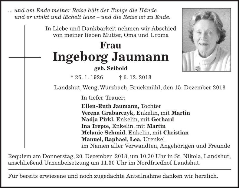 Traueranzeige Ingeborg Jaumann