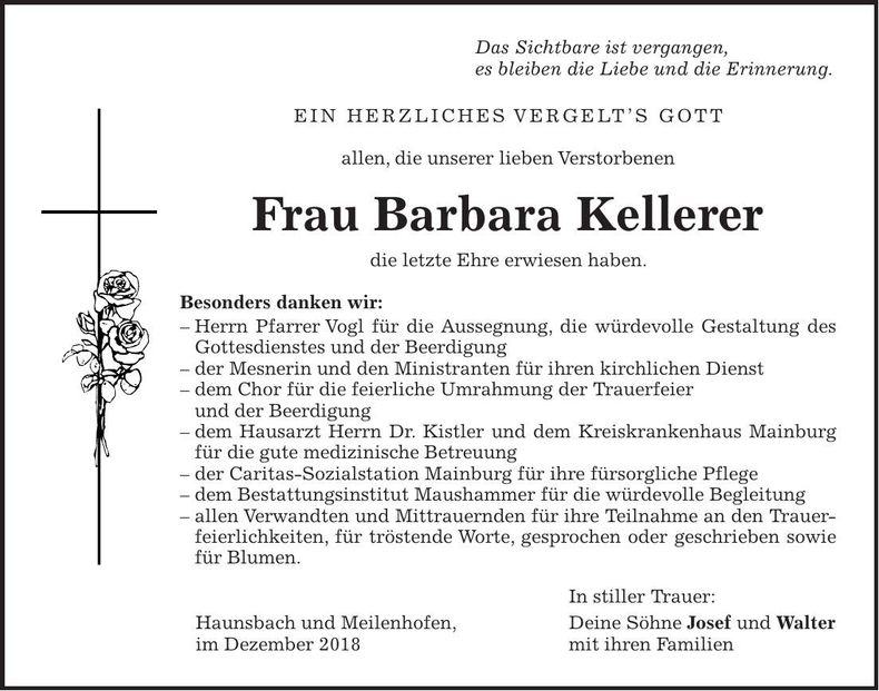 Traueranzeige Barbara Kellerer