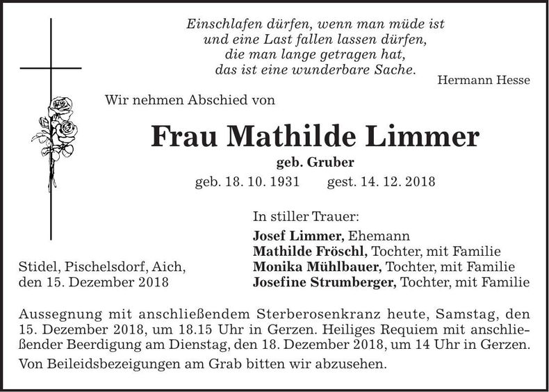 Traueranzeige Mathilde Limmer