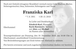 Traueranzeige Franziska Karl
