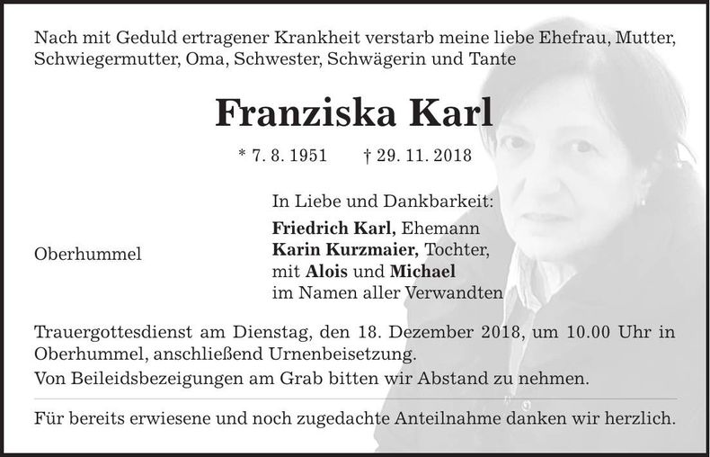 Traueranzeige Franziska Karl