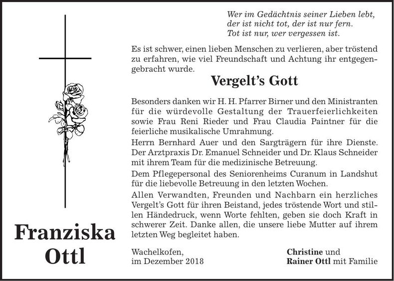 Traueranzeige Franziska Ottl