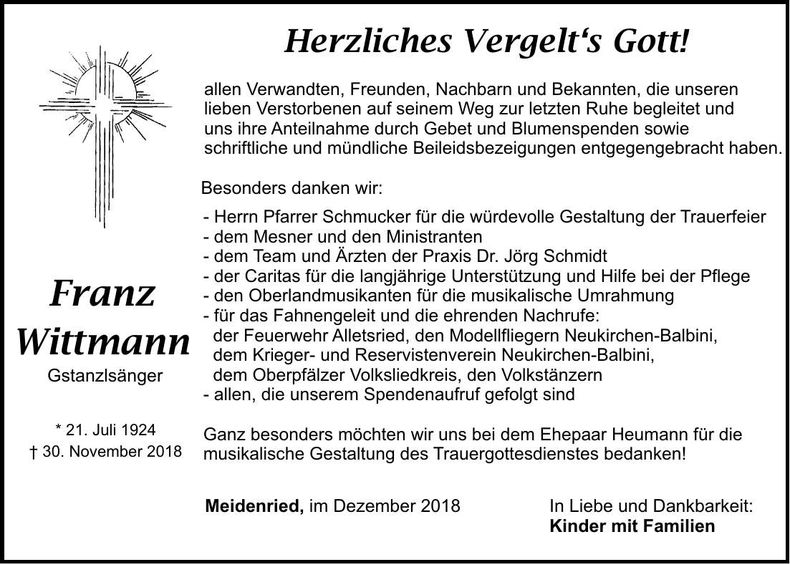 Traueranzeige Franz Wittmann