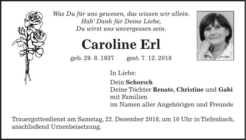 Traueranzeige Caroline Erl
