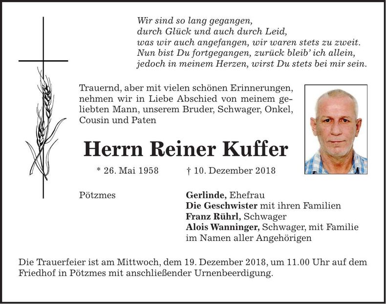 Traueranzeige Reiner Kuffer
