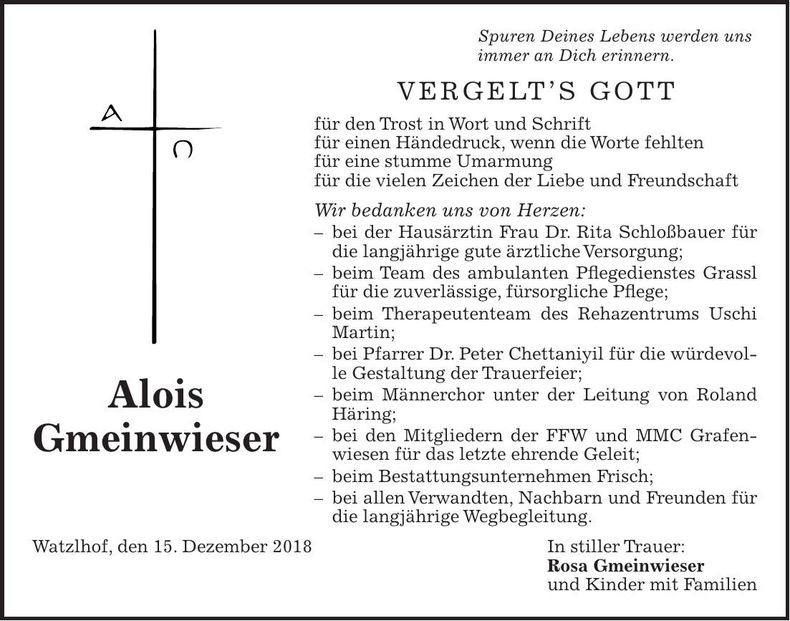 Traueranzeige Alois Gmeinwieser