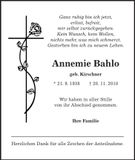 Traueranzeige Annemie Bahlo