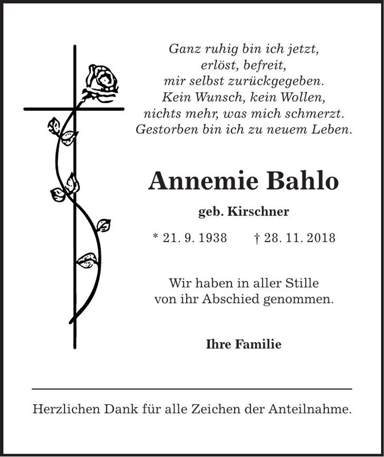 Traueranzeige Annemie Bahlo
