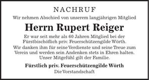 Traueranzeige Rupert Reiger