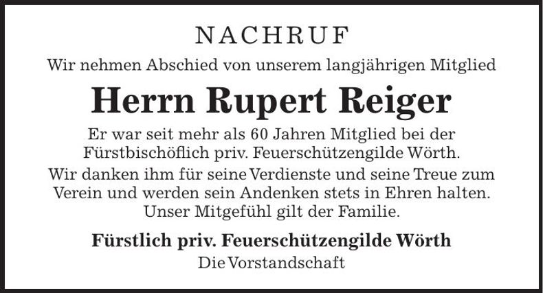 Traueranzeige Rupert Reiger