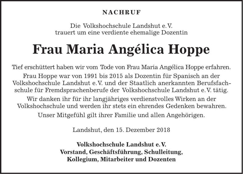 Traueranzeige Maria Angélica Hoppe