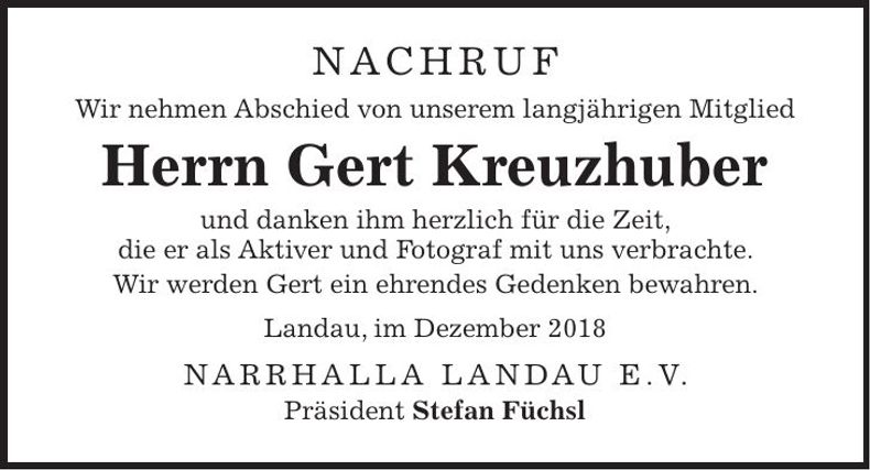 Traueranzeige Gert Kreuzhuber