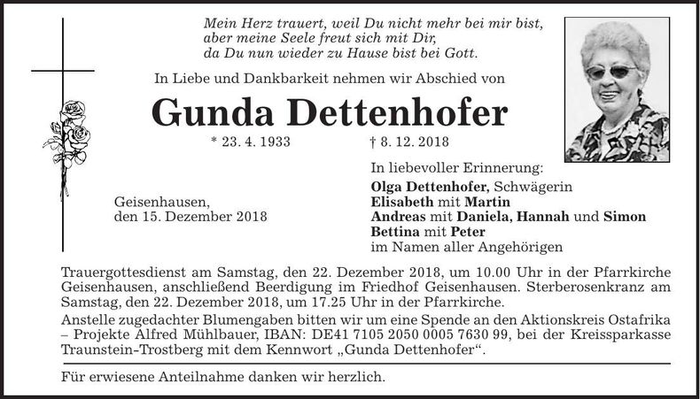 Traueranzeige Gunda Dettenhofer