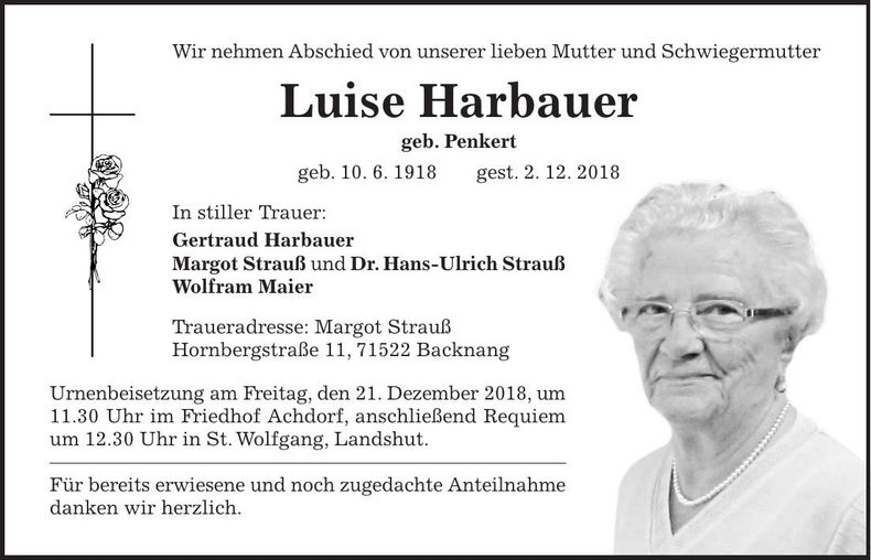 Traueranzeige Luise Harbauer