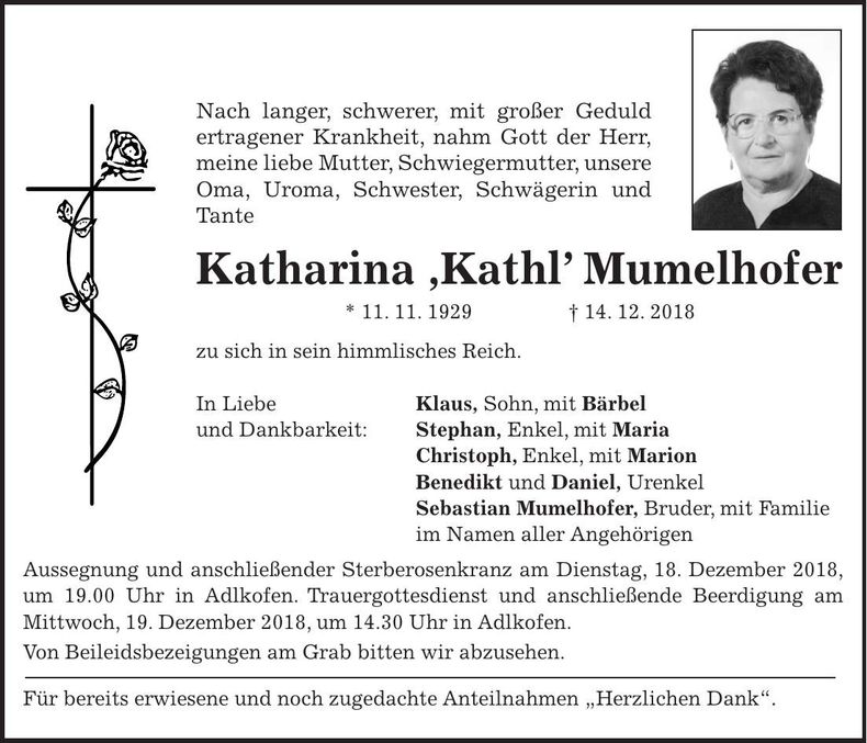 Traueranzeige Katharina Mumelhofer