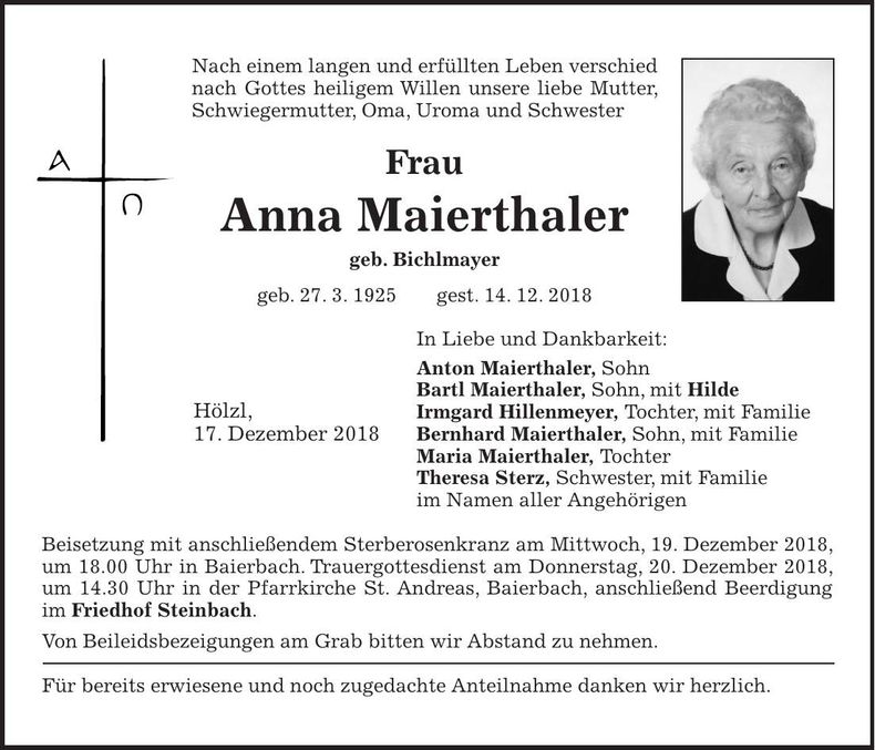 Traueranzeige Anna Maierthaler