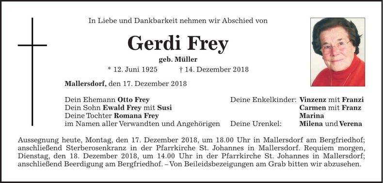 Traueranzeige Gerdi Frey