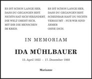 Traueranzeige Ida Mühlbauer