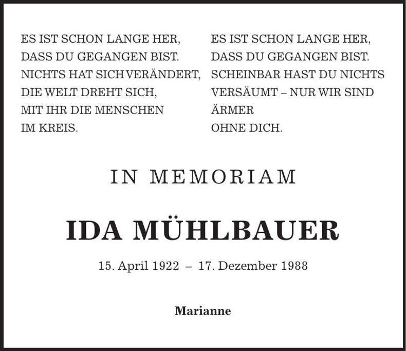 Traueranzeige Ida Mühlbauer
