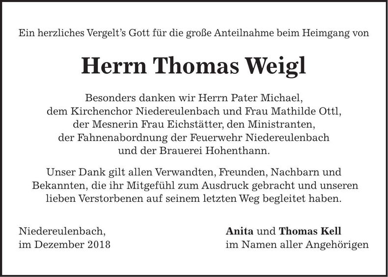 Traueranzeige Thomas Weigl