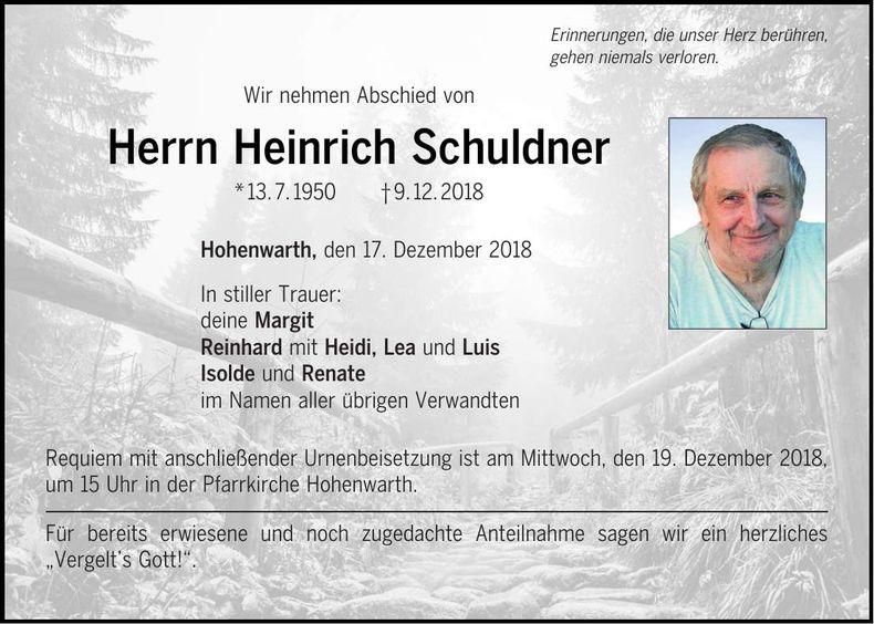 Traueranzeige Heinrich Schuldner
