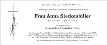Traueranzeige Anna Steckenbiller