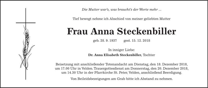 Traueranzeige Anna Steckenbiller