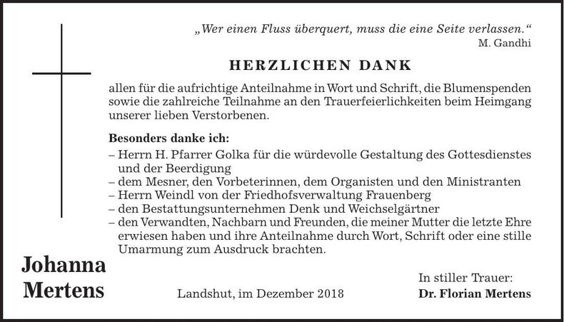 Traueranzeige Johanna Mertens